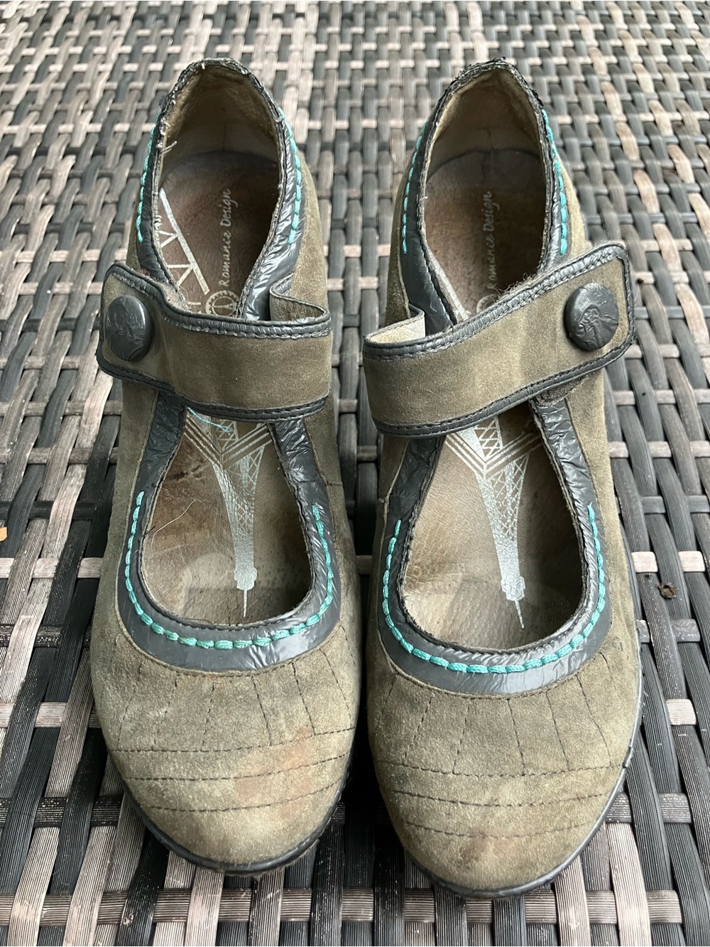 Mystic gray Mary Jane Flats with Teal Stitching